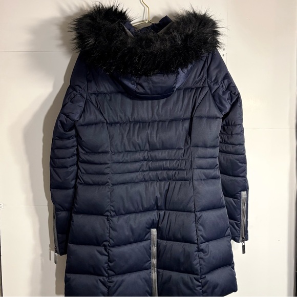 Womens TanJay Navy Puffer Coat with Faux Fur Trim, Sz S, great condition. - Picture 2 of 13
